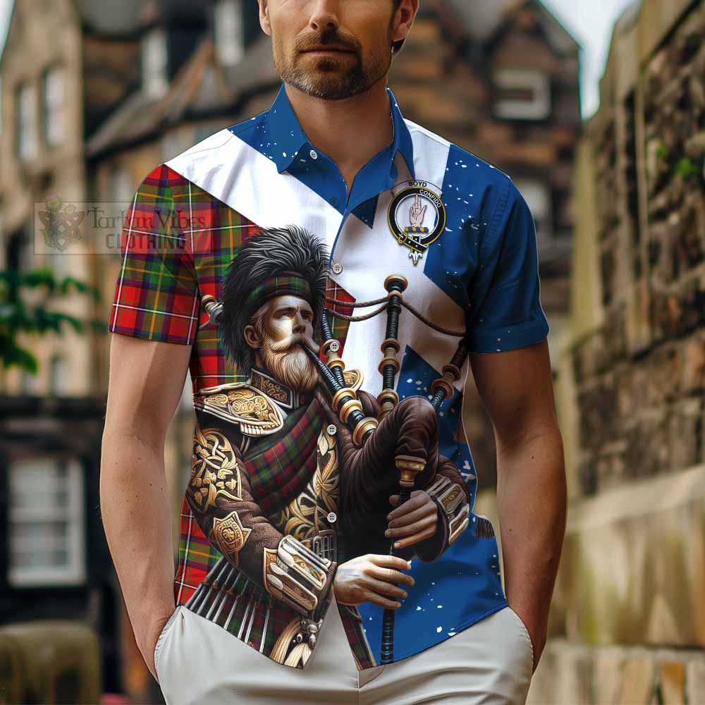 Tartan Vibes Clothing Boyd Tartan Short Sleeve Button Shirt with Family Crest Scottish Bagpiper Vibes