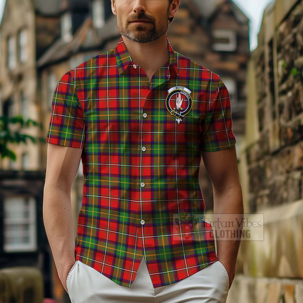 Tartan Vibes Clothing Boyd Tartan Short Sleeve Button Shirt with Family Crest and Bearded Skull Holding Bottles of Whiskey