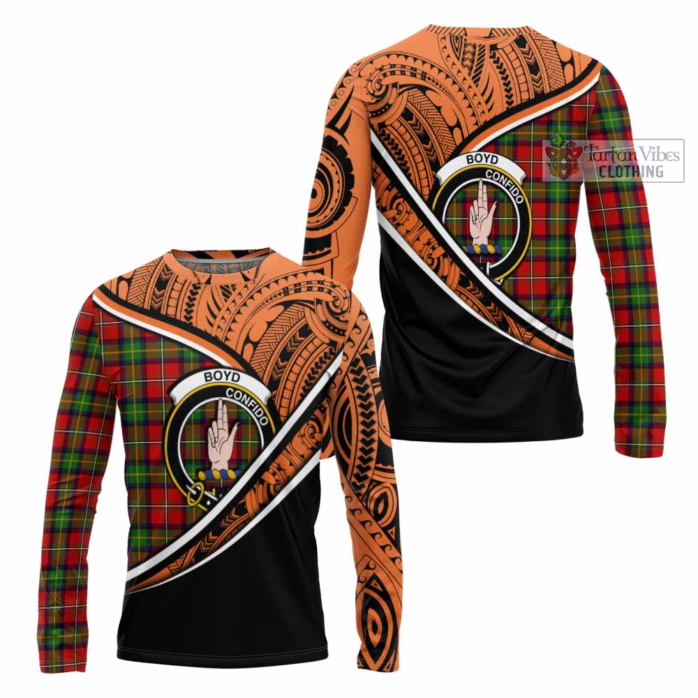 Tartan Vibes Clothing Boyd Crest Tartan Long Sleeve T-Shirt with Maori Tattoo Style - Orange Version