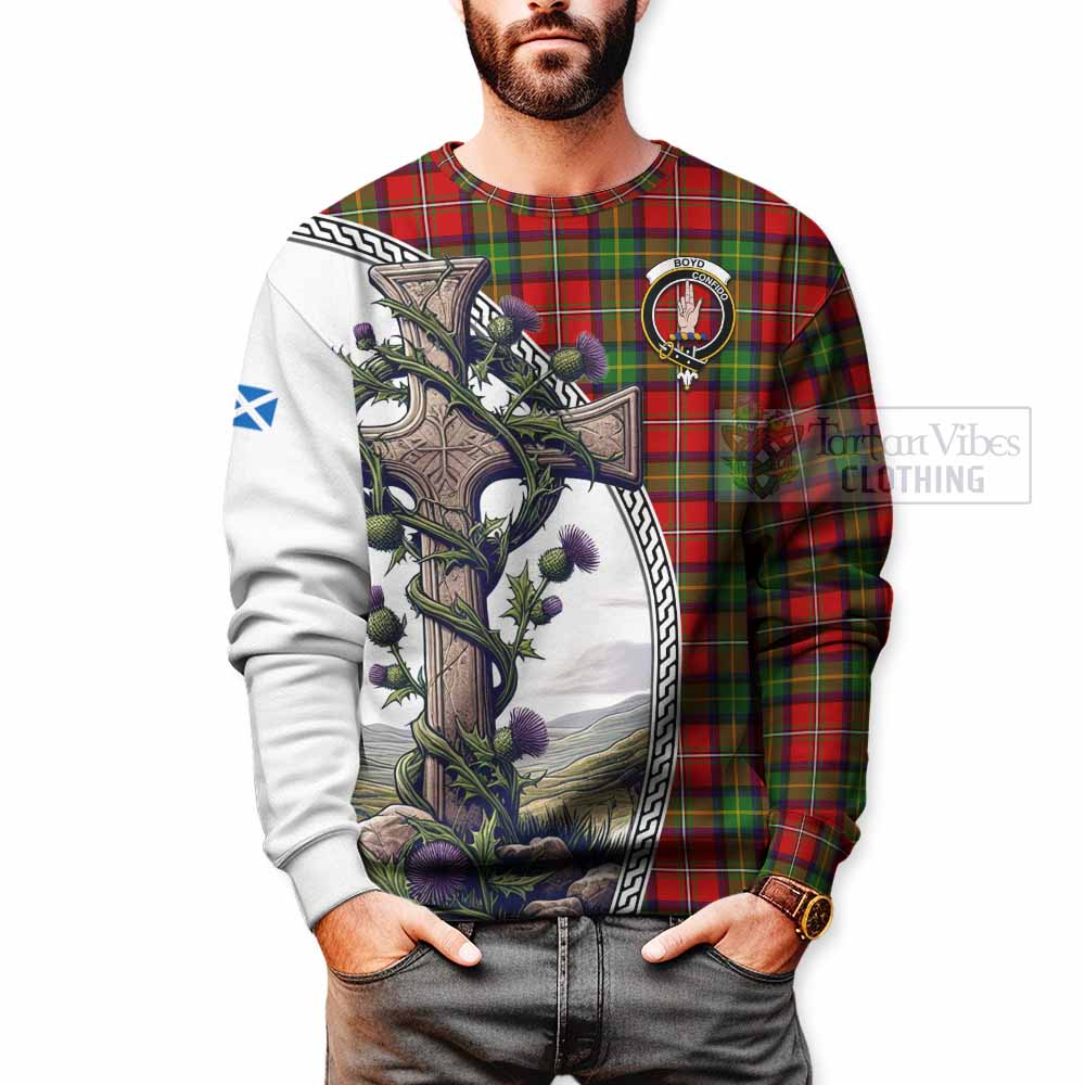 Tartan Vibes Clothing Boyd Tartan Sweatshirt with Family Crest and St. Andrew's Cross Accented by Thistle Vines