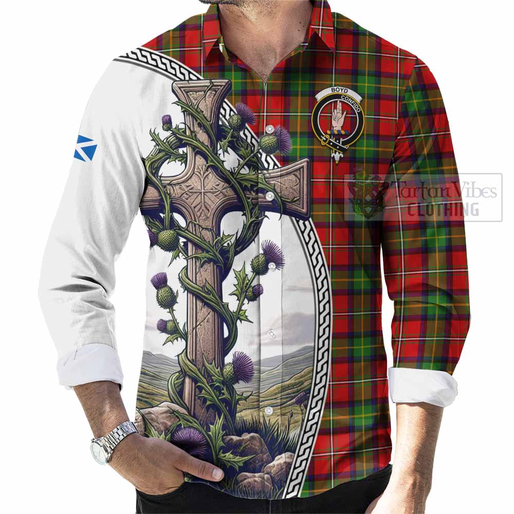 Tartan Vibes Clothing Boyd Tartan Long Sleeve Button Shirt with Family Crest and St. Andrew's Cross Accented by Thistle Vines