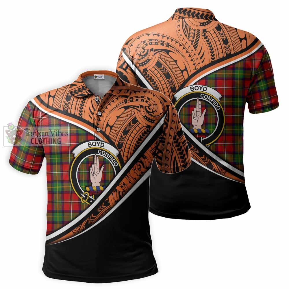 Tartan Vibes Clothing Boyd Crest Tartan Polo Shirt with Maori Tattoo Style - Orange Version