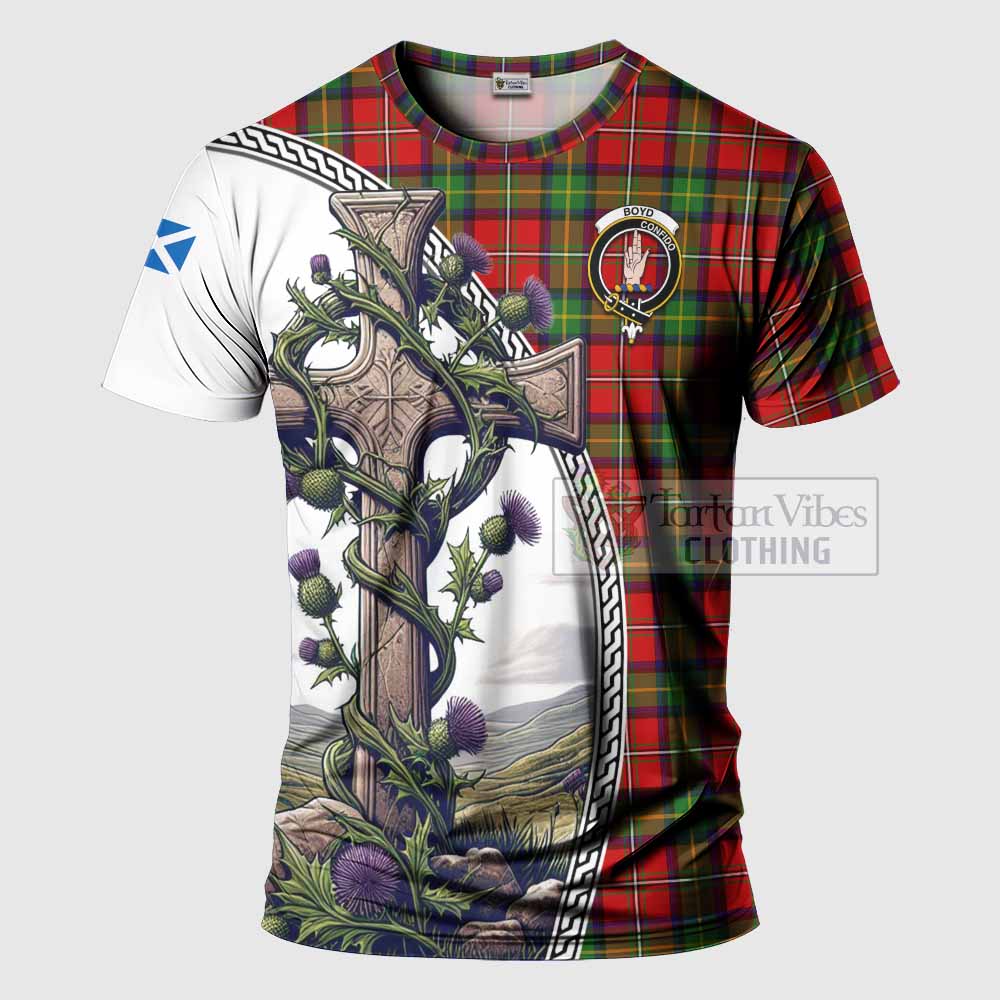 Tartan Vibes Clothing Boyd Agnew Tartan T-Shirt with Family Crest and St. Andrew's Cross Accented by Thistle Vines