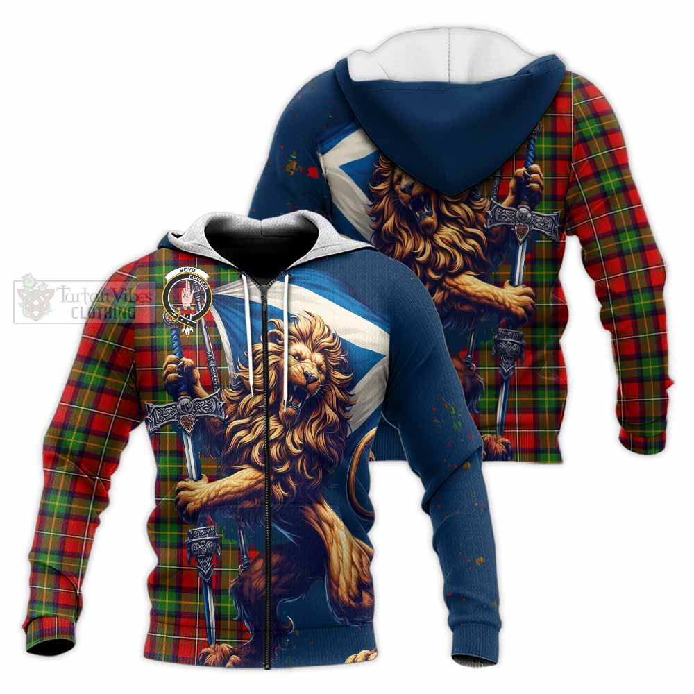 Tartan Vibes Clothing Boyd Tartan Family Crest Knitted Hoodie with Scottish Majestic Lion