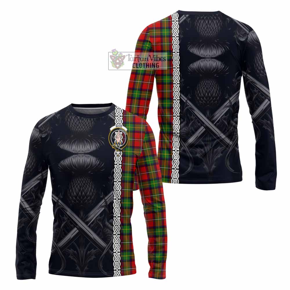 Tartan Vibes Clothing Boyd Tartan Long Sleeve T-Shirt with Family Crest Cross Sword Thistle Celtic Vibes