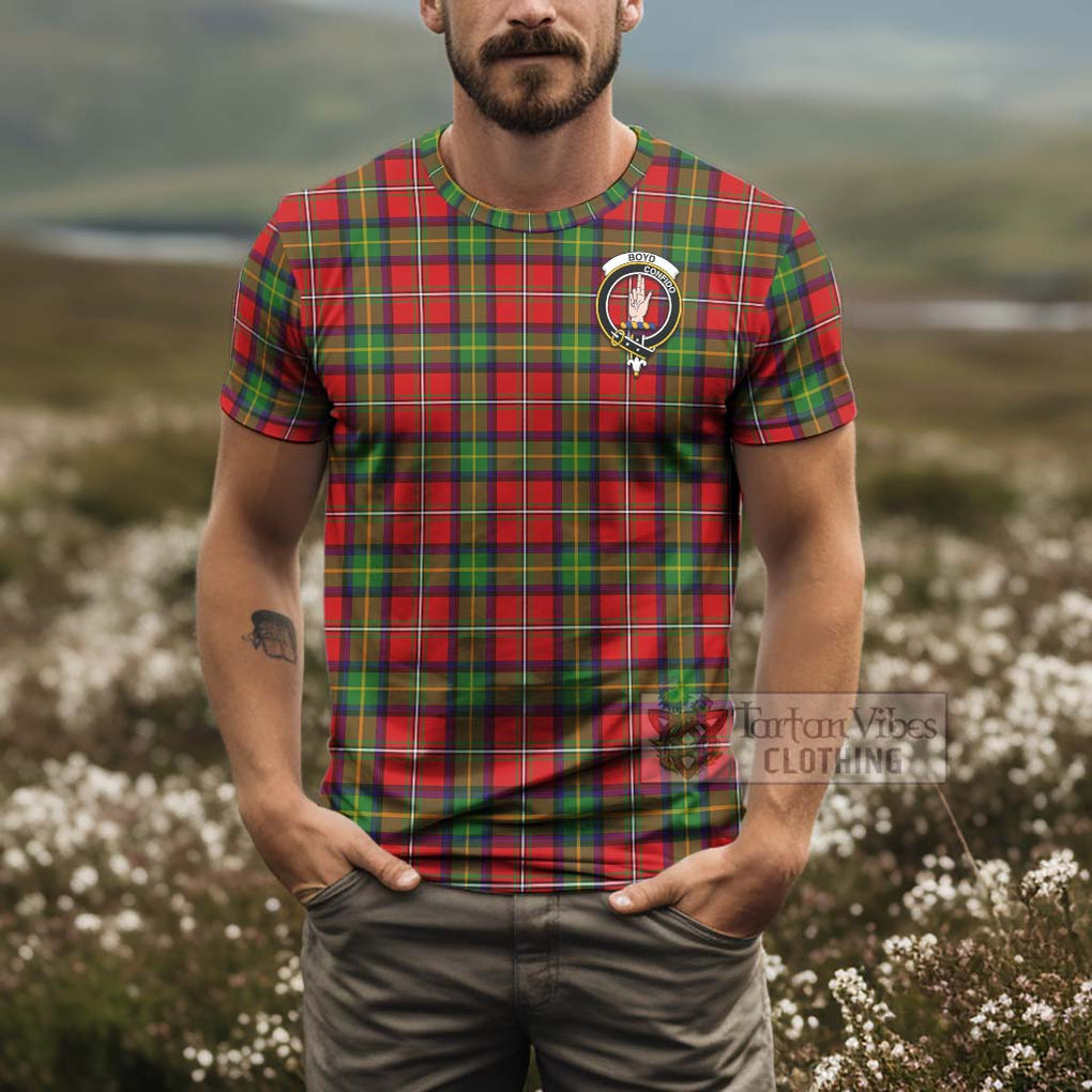 Tartan Vibes Clothing Boyd Tartan T-Shirt with Family Crest and Bearded Skull Holding Bottles of Whiskey