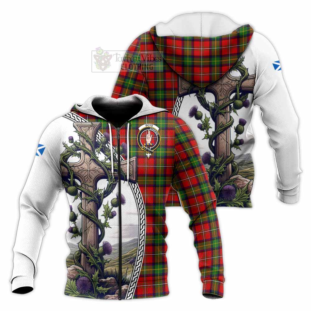 Tartan Vibes Clothing Boyd Tartan Knitted Hoodie with Family Crest and St. Andrew's Cross Accented by Thistle Vines