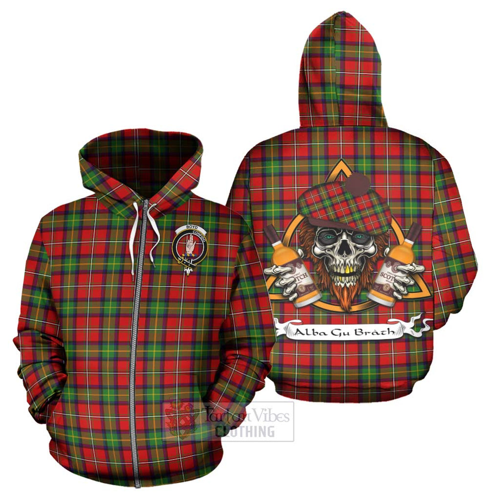 Tartan Vibes Clothing Boyd Tartan Hoodie with Family Crest and Bearded Skull Holding Bottles of Whiskey