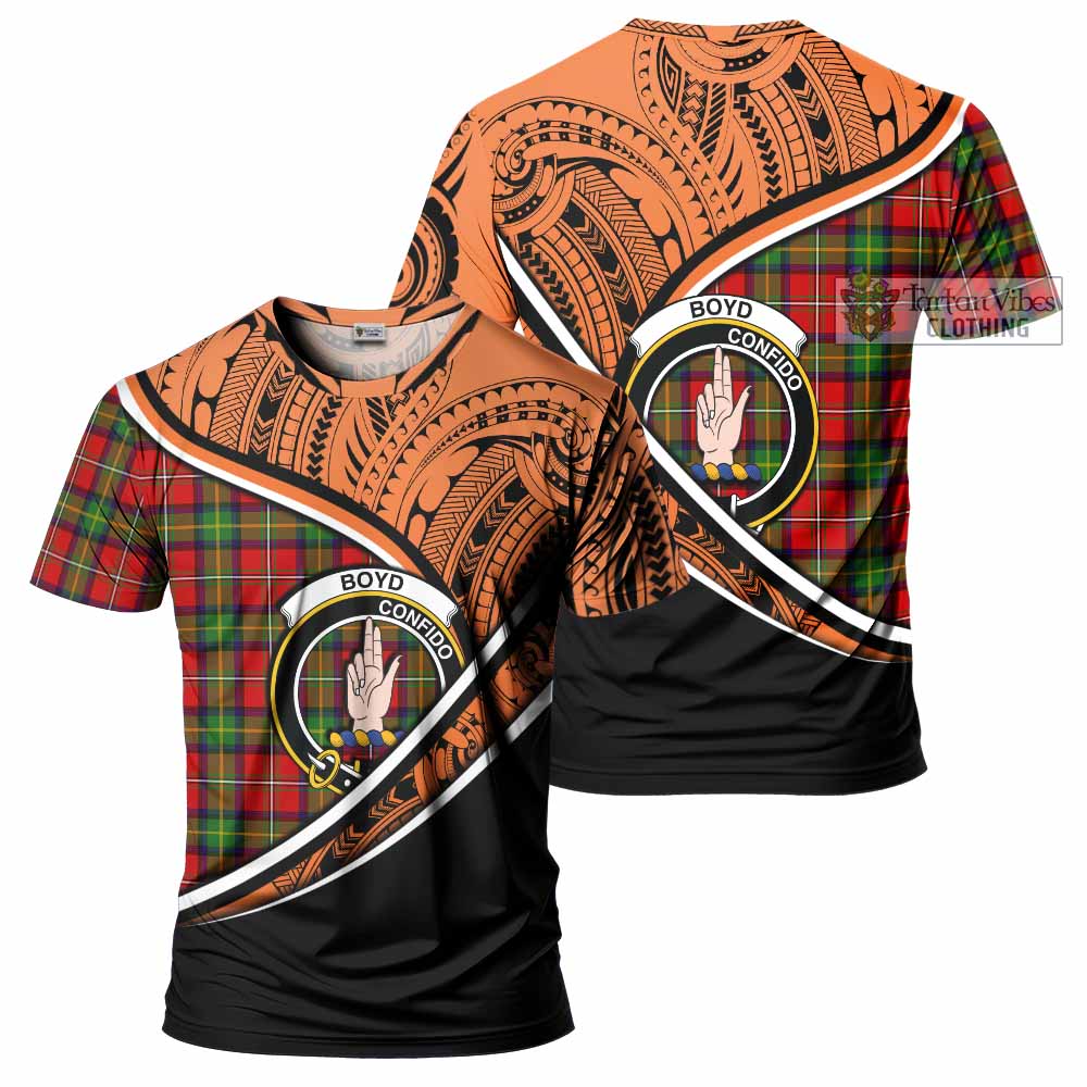 Tartan Vibes Clothing Boyd Crest Tartan T-Shirt with Maori Tattoo Style - Orange Version