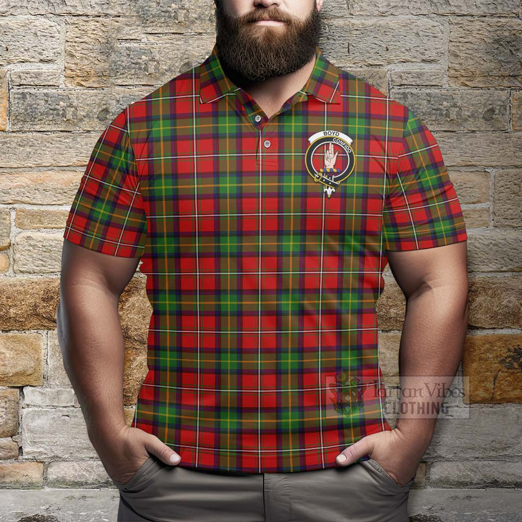 Tartan Vibes Clothing Boyd Tartan Polo Shirt with Family Crest and Bearded Skull Holding Bottles of Whiskey