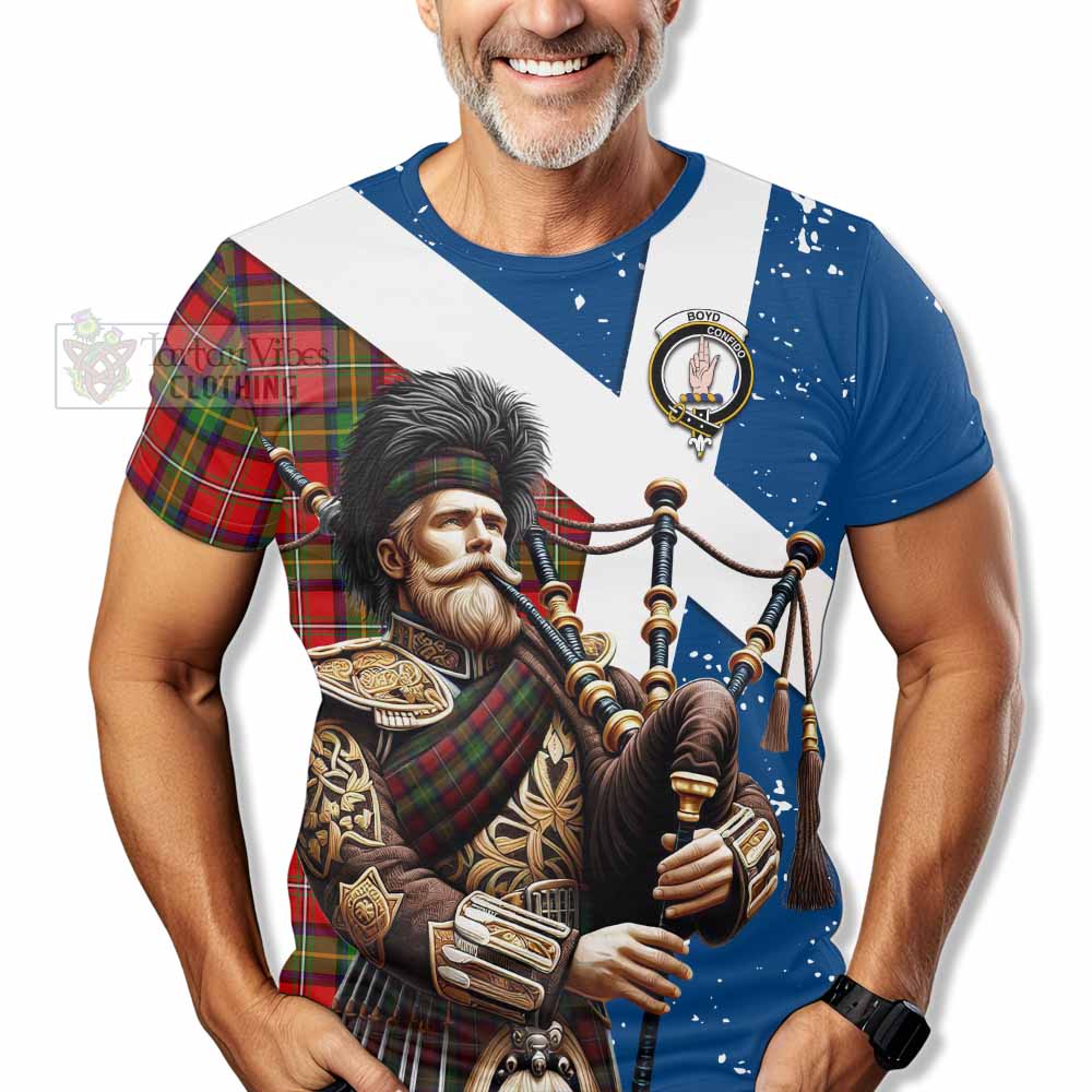 Tartan Vibes Clothing Boyd Tartan T-Shirt with Family Crest Scottish Bagpiper Vibes