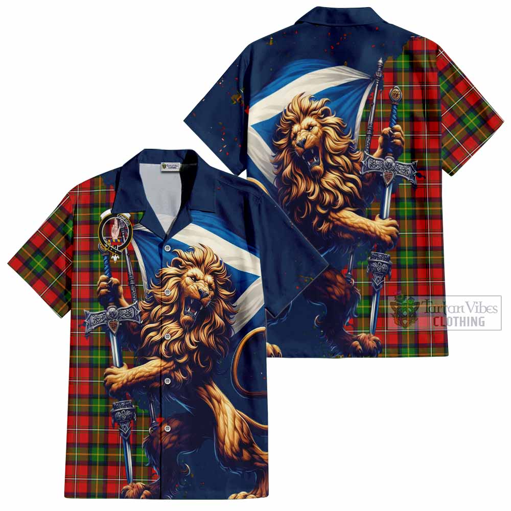 Tartan Vibes Clothing Boyd Tartan Family Crest Short Sleeve Button Shirt with Scottish Majestic Lion