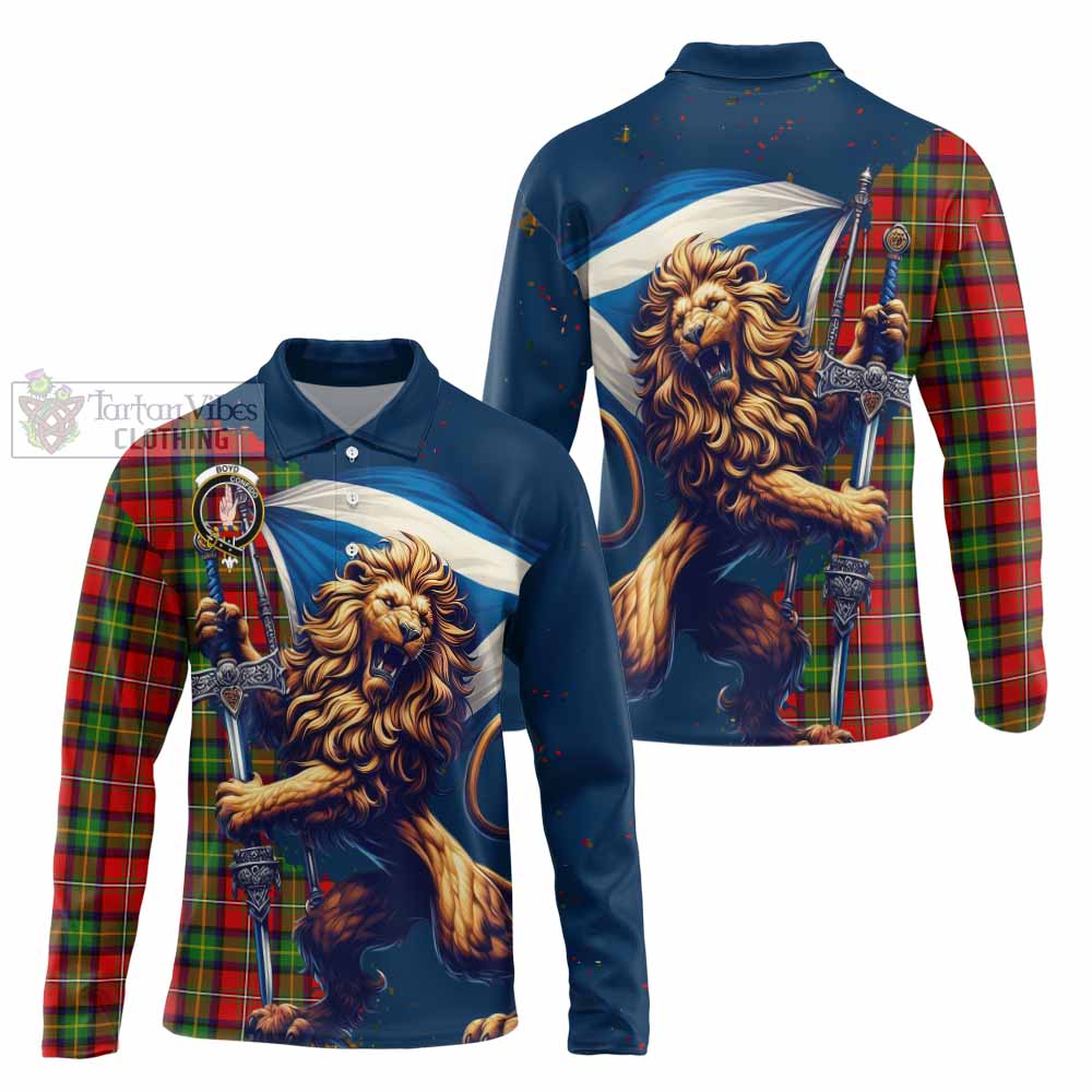 Tartan Vibes Clothing Boyd Tartan Family Crest Long Sleeve Polo Shirt with Scottish Majestic Lion