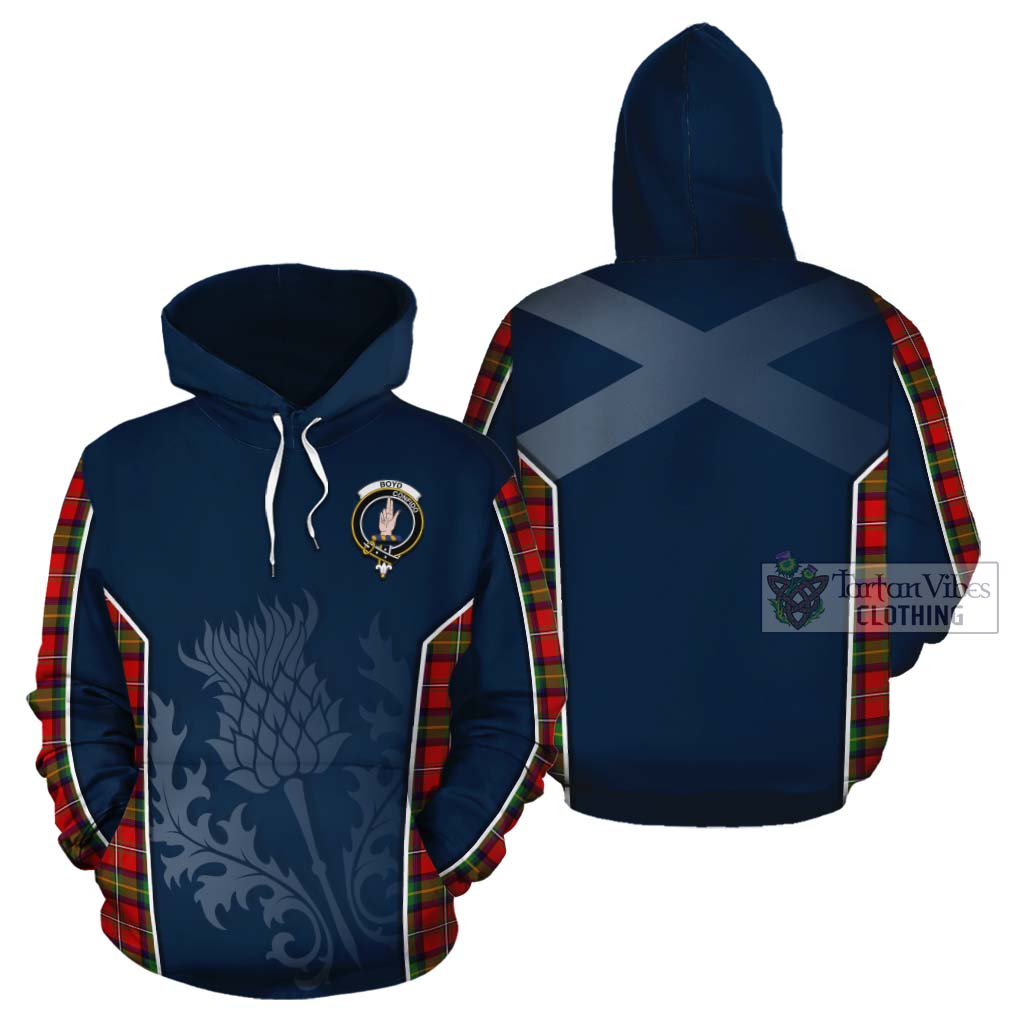 Tartan Vibes Clothing Boyd Tartan Cotton Hoodie with Family Crest and Scottish Thistle Vibes Sport Style