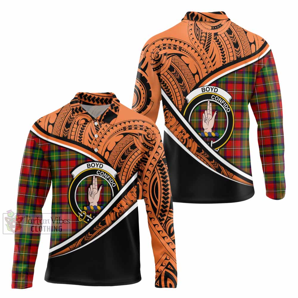 Tartan Vibes Clothing Boyd Crest Tartan Long Sleeve Polo Shirt with Maori Tattoo Style - Orange Version