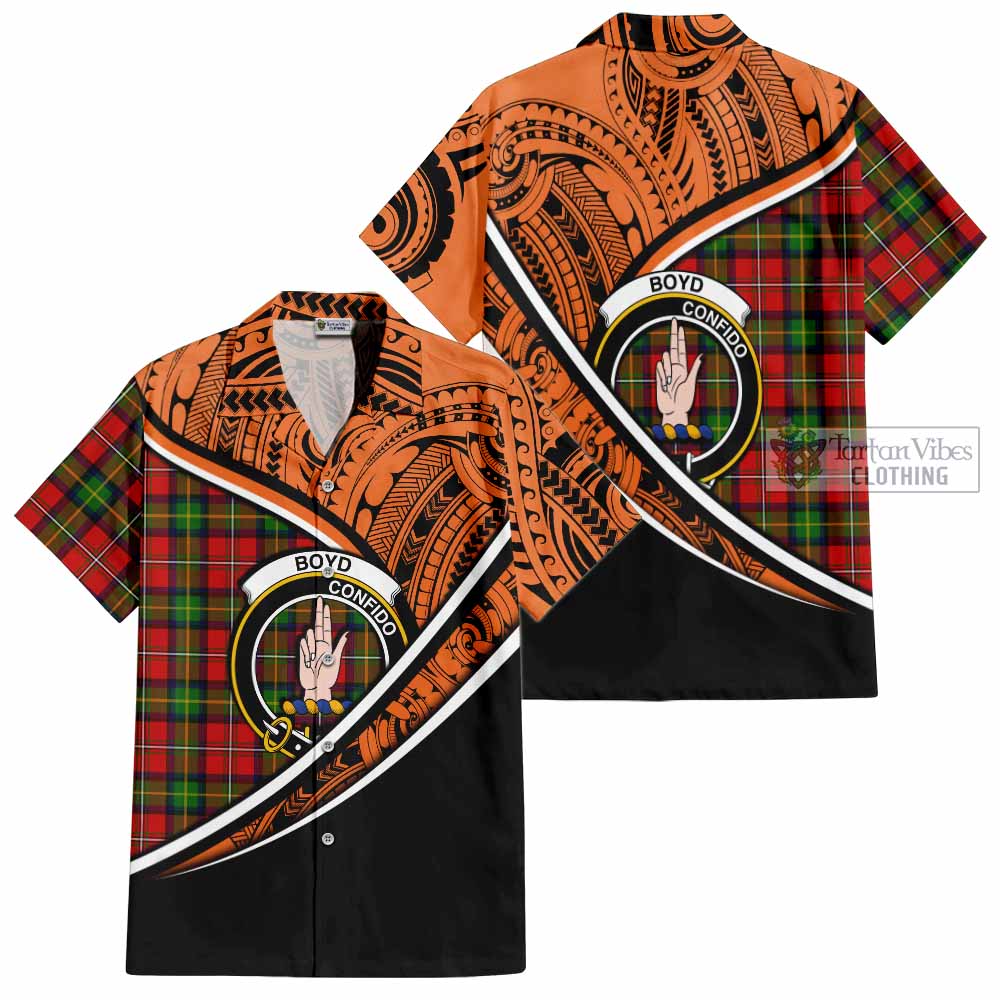 Tartan Vibes Clothing Boyd Crest Tartan Short Sleeve Button Shirt with Maori Tattoo Style - Orange Version