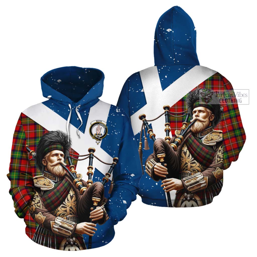 Tartan Vibes Clothing Boyd Tartan Cotton Hoodie with Family Crest Scottish Bagpiper Vibes