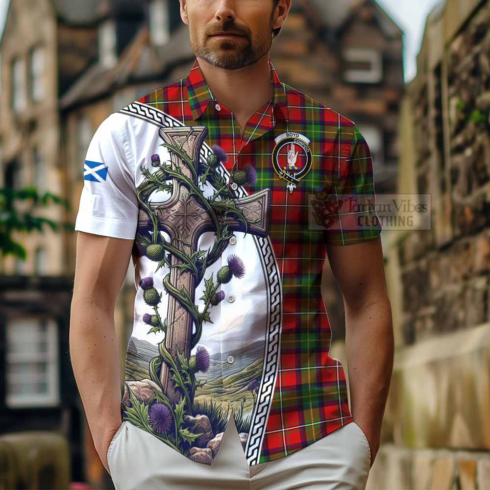 Tartan Vibes Clothing Boyd Tartan Short Sleeve Button Shirt with Family Crest and St. Andrew's Cross Accented by Thistle Vines