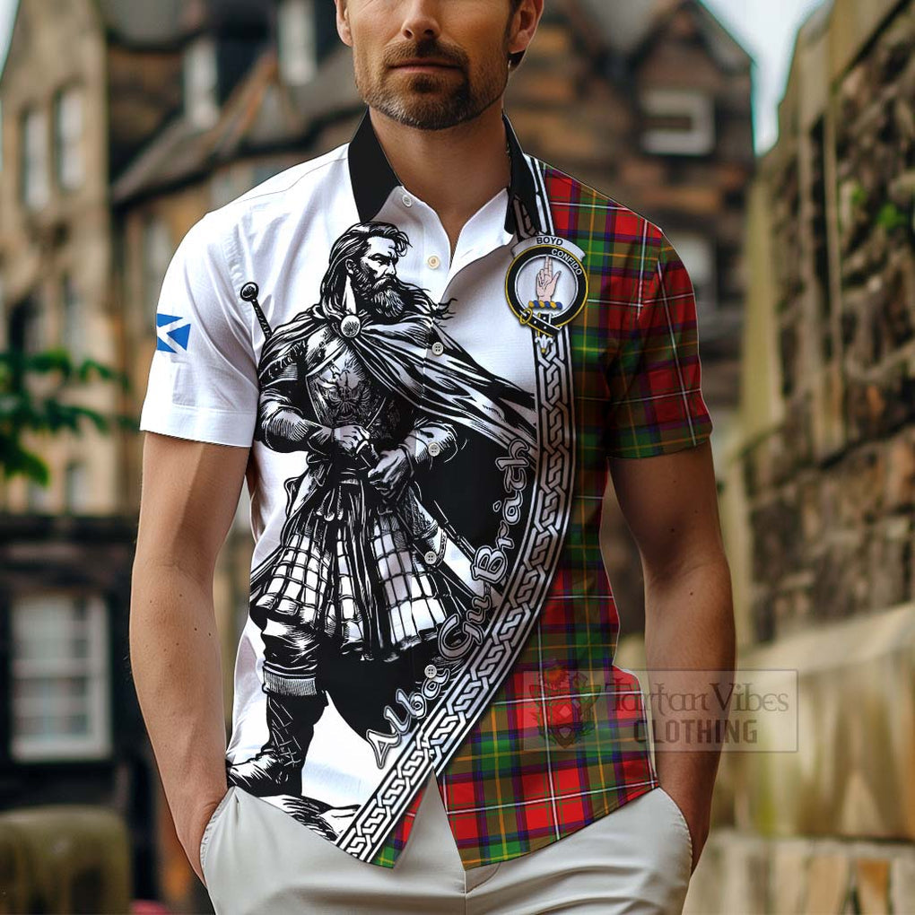 Tartan Vibes Clothing Boyd Tartan Clan Crest Short Sleeve Button Shirt with Highlander Warrior Celtic Style