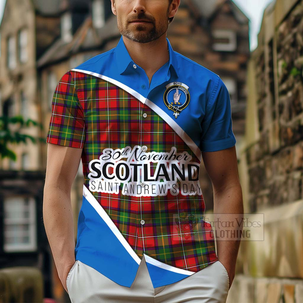 Tartan Vibes Clothing Boyd Family Crest Tartan Short Sleeve Button Shirt Celebrate Saint Andrew's Day in Style