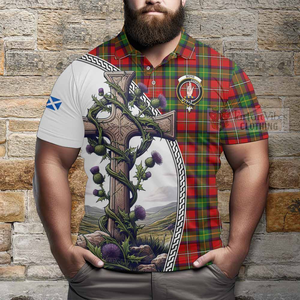 Tartan Vibes Clothing Boyd Tartan Polo Shirt with Family Crest and St. Andrew's Cross Accented by Thistle Vines