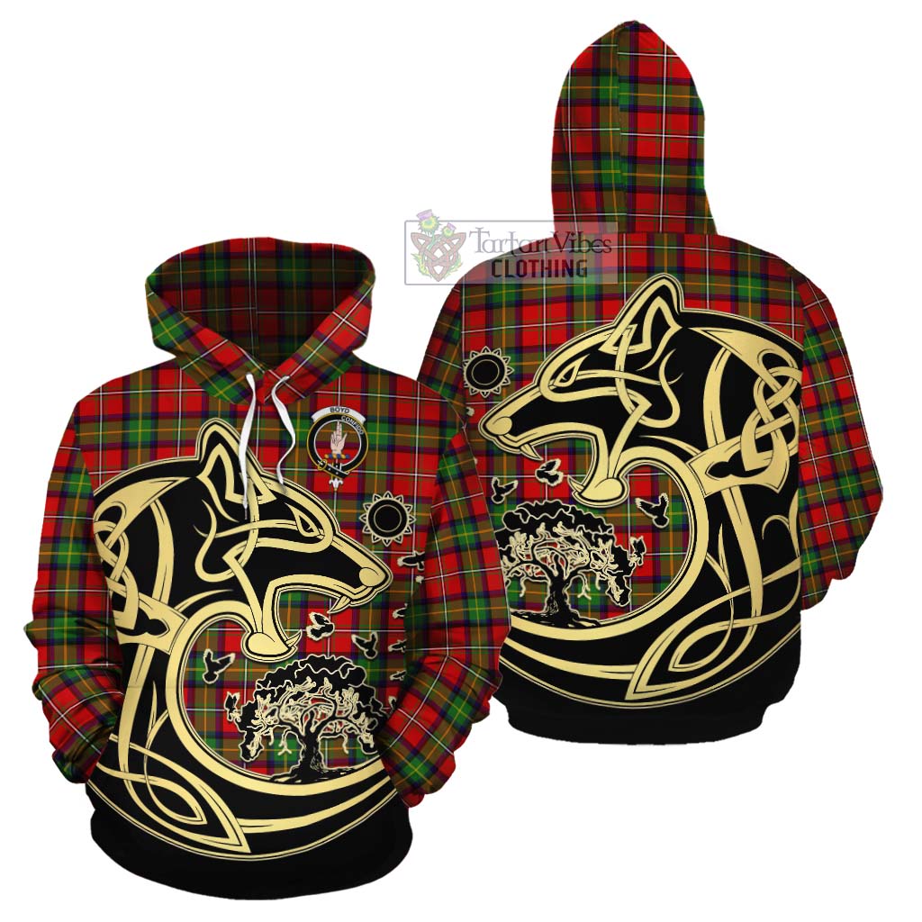 Tartan Vibes Clothing Boyd Tartan Cotton Hoodie with Family Crest Celtic Wolf Style