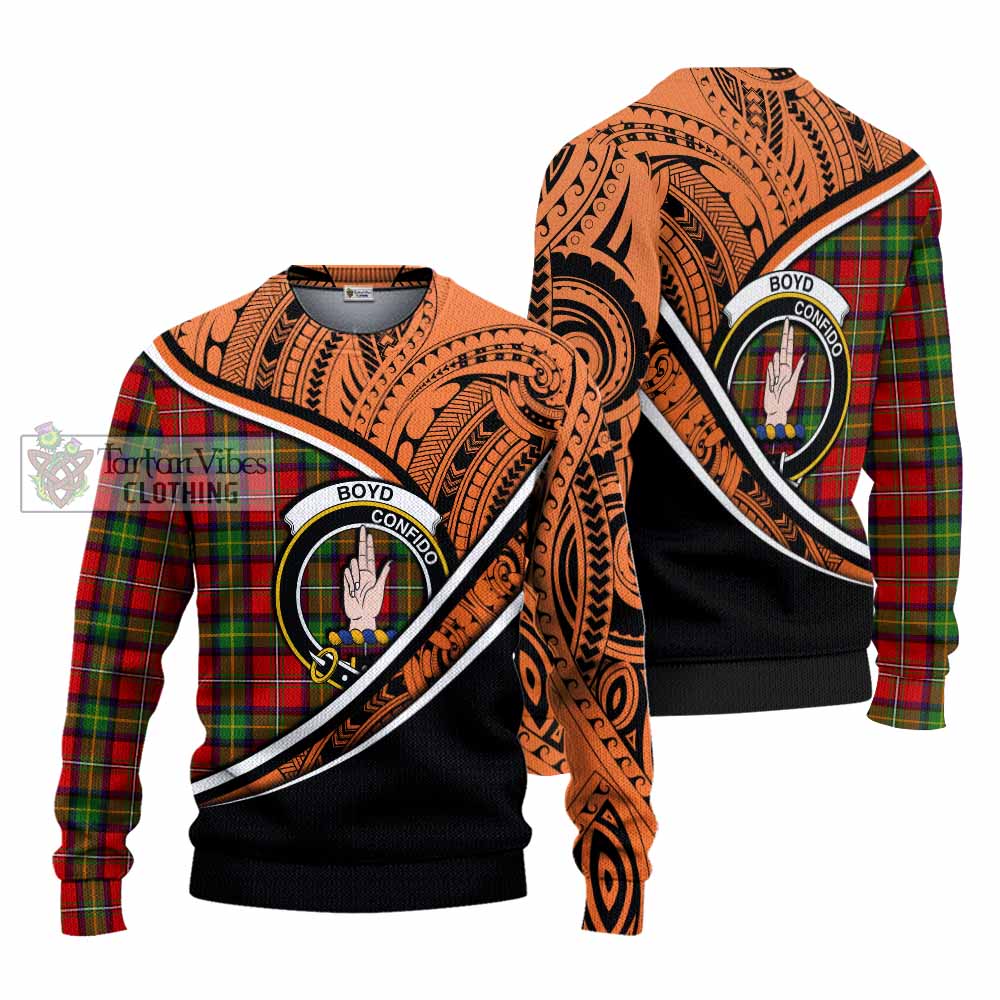 Tartan Vibes Clothing Boyd Crest Tartan Knitted Sweater with Maori Tattoo Style - Orange Version