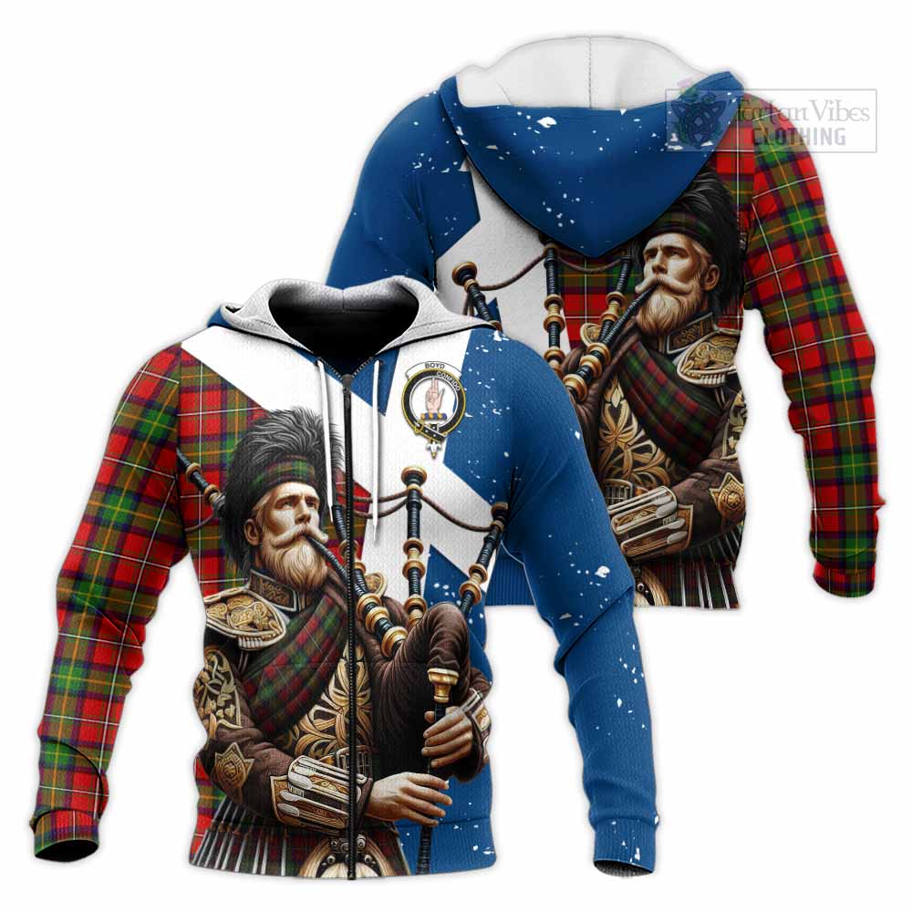 Tartan Vibes Clothing Boyd Tartan Knitted Hoodie with Family Crest Scottish Bagpiper Vibes