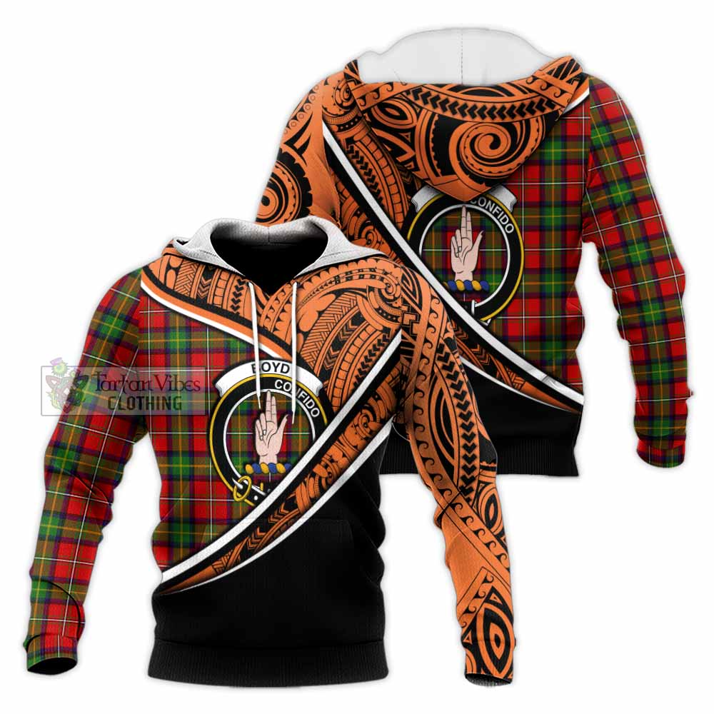 Tartan Vibes Clothing Boyd Crest Tartan Knitted Hoodie with Maori Tattoo Style - Orange Version