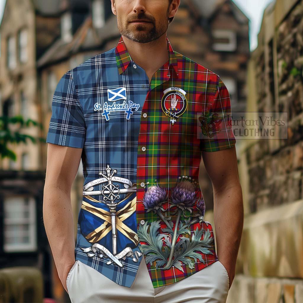 Tartan Vibes Clothing Boyd Tartan Short Sleeve Button Shirt Happy St. Andrew's Day Half Tartan Style