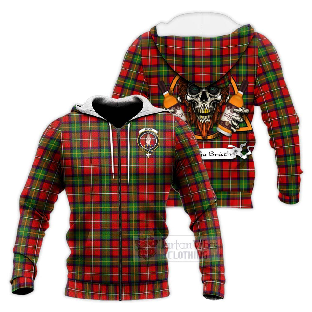 Tartan Vibes Clothing Boyd Tartan Knitted Hoodie with Family Crest and Bearded Skull Holding Bottles of Whiskey