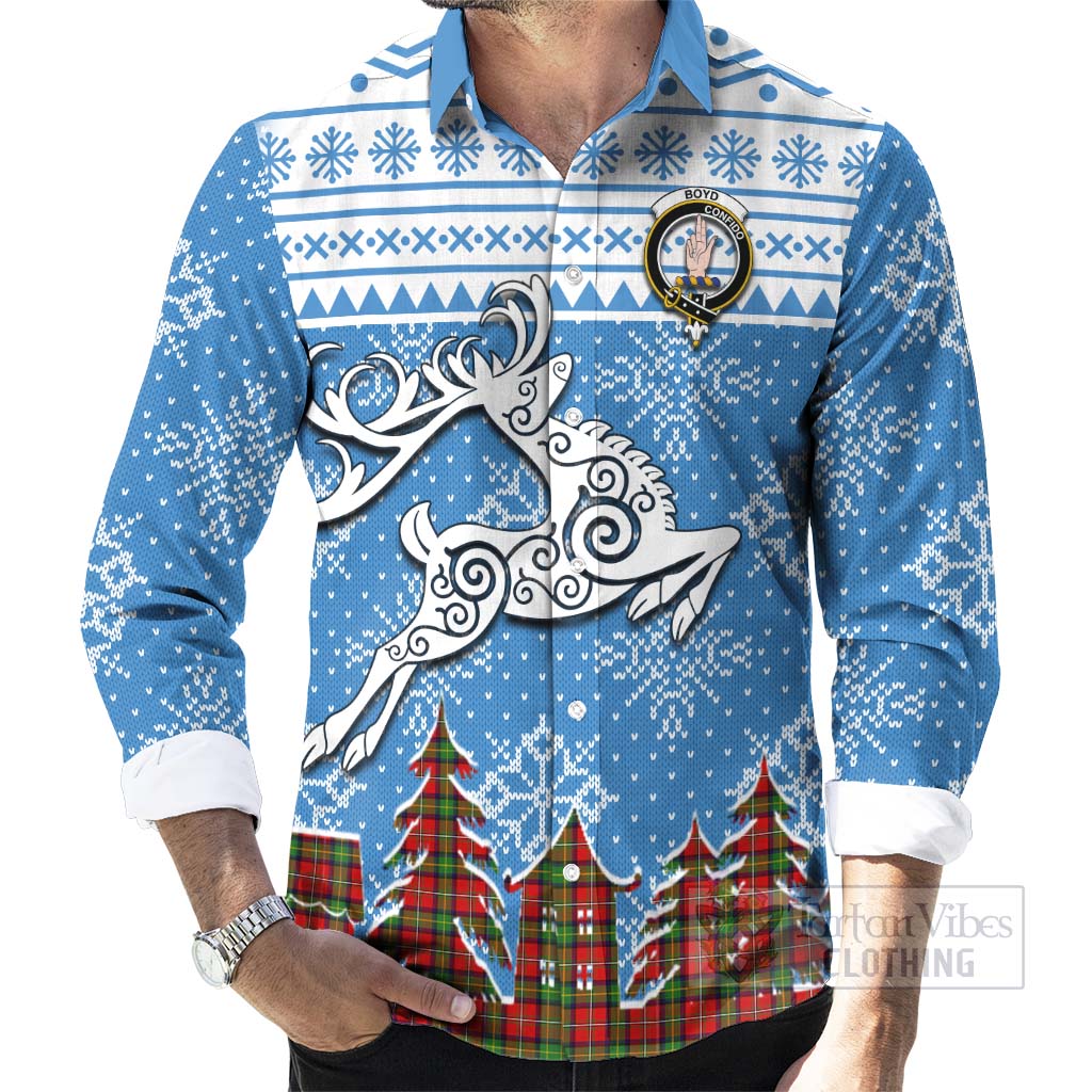 Tartan Vibes Clothing Boyd Clan Christmas Long Sleeve Button Shirt Celtic Reindeer Style