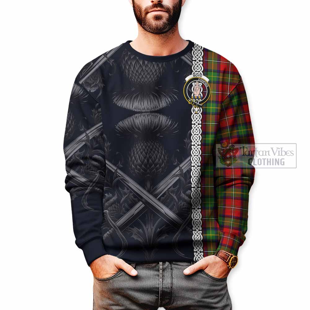 Tartan Vibes Clothing Boyd Tartan Sweatshirt with Family Crest Cross Sword Thistle Celtic Vibes