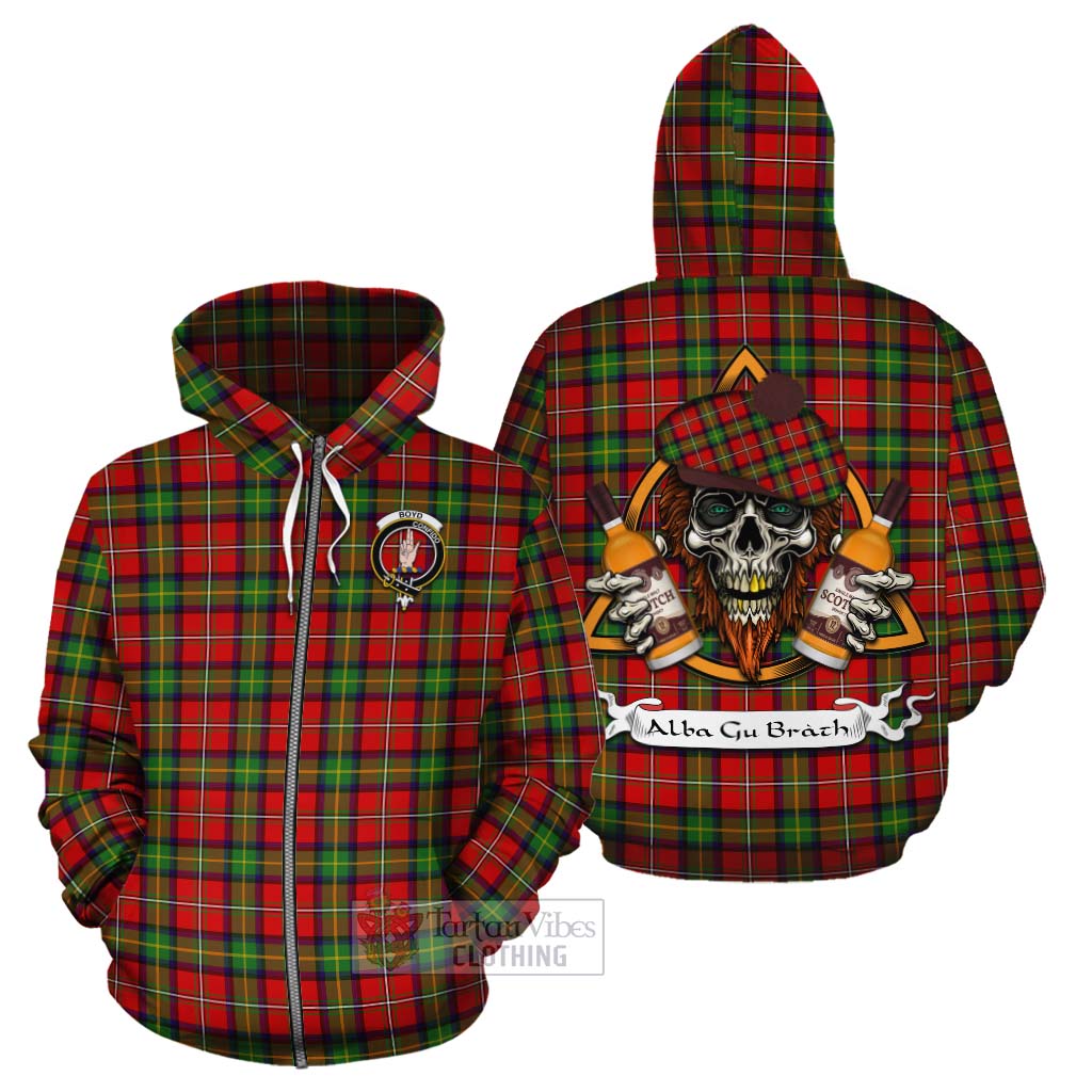 Tartan Vibes Clothing Boyd Tartan Cotton Hoodie with Family Crest and Bearded Skull Holding Bottles of Whiskey