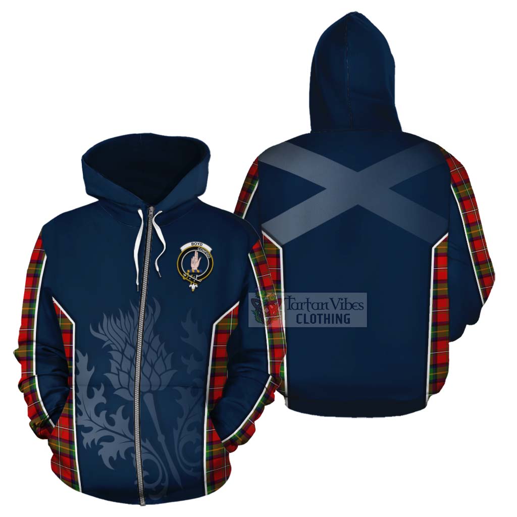 Tartan Vibes Clothing Boyd Tartan Cotton Hoodie with Family Crest and Scottish Thistle Vibes Sport Style