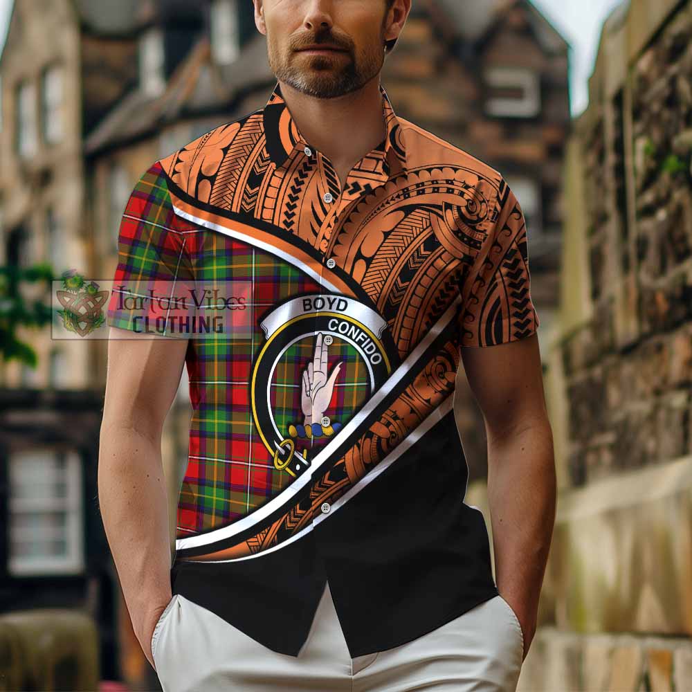 Tartan Vibes Clothing Boyd Crest Tartan Short Sleeve Button Shirt with Maori Tattoo Style - Orange Version