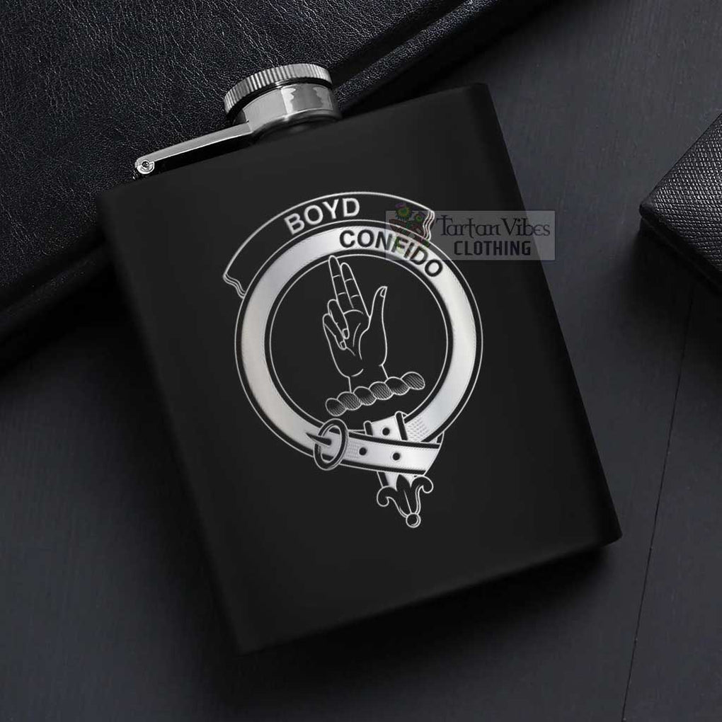 Tartan Vibes Clothing Boyd Crest Hip Flask Set 7oz Black Stainless Steel with A Gift Box