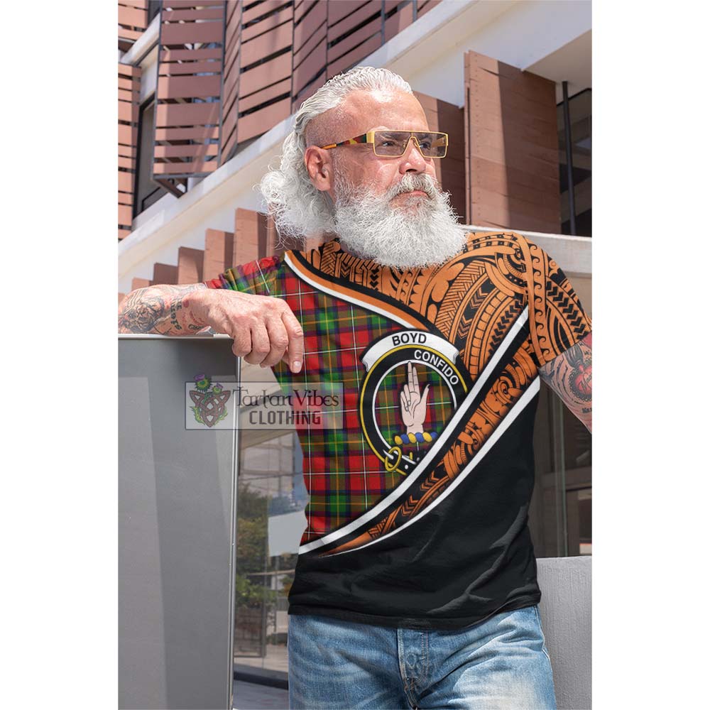 Tartan Vibes Clothing Boyd Crest Tartan Cotton T-shirt with Maori Tattoo Style - Orange Version