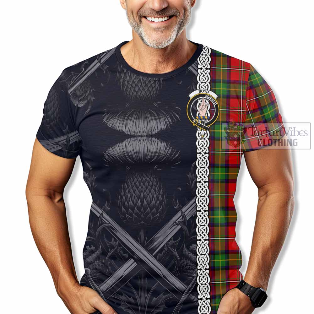 Tartan Vibes Clothing Boyd Tartan T-Shirt with Family Crest Cross Sword Thistle Celtic Vibes