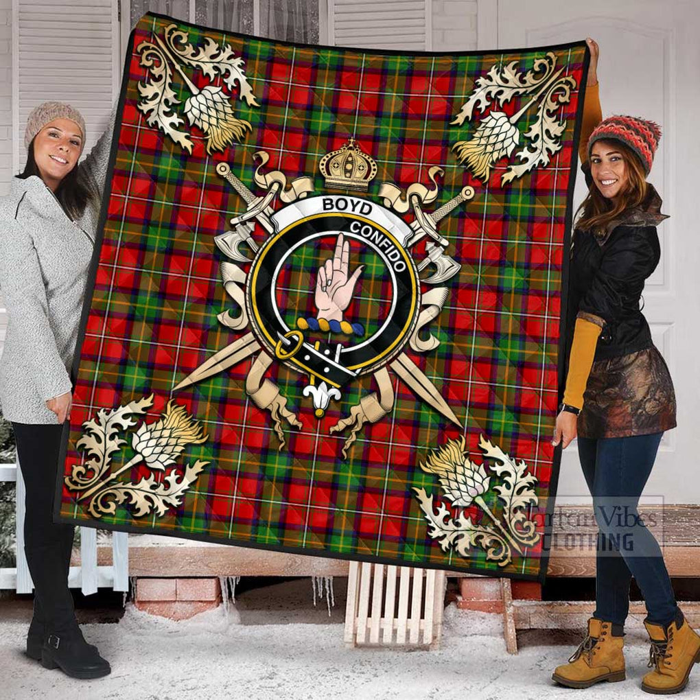 Tartan Vibes Clothing Boyd Tartan Quilt with Family Crest and Scottish Golden Courage Shield