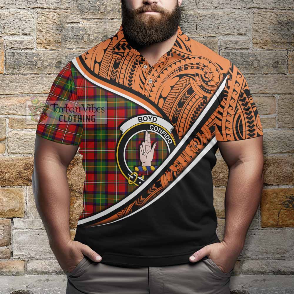 Tartan Vibes Clothing Boyd Crest Tartan Polo Shirt with Maori Tattoo Style - Orange Version