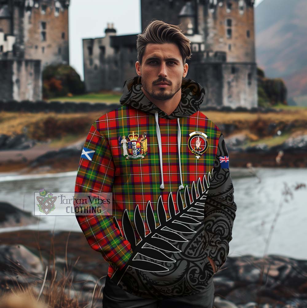 Tartan Vibes Clothing Boyd Crest Tartan Cotton Hoodie with New Zealand Silver Fern Half Style