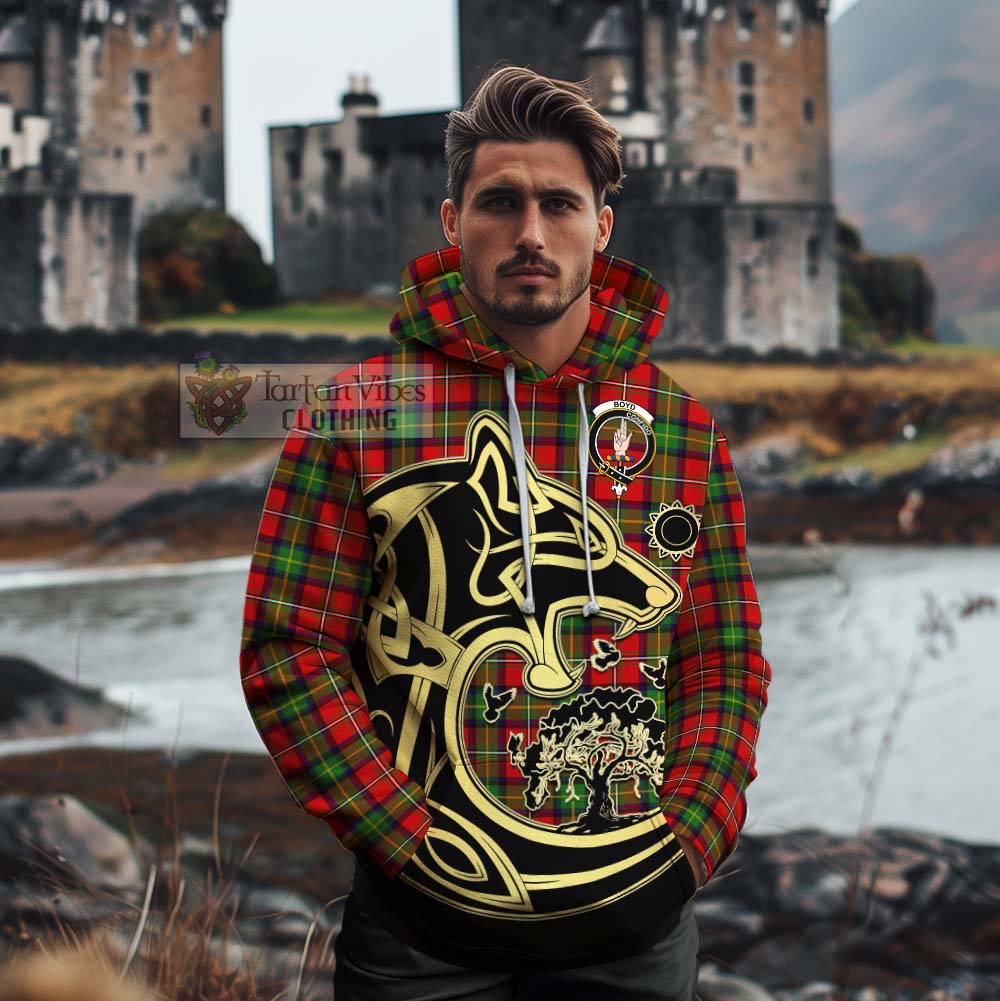 Tartan Vibes Clothing Boyd Tartan Cotton Hoodie with Family Crest Celtic Wolf Style