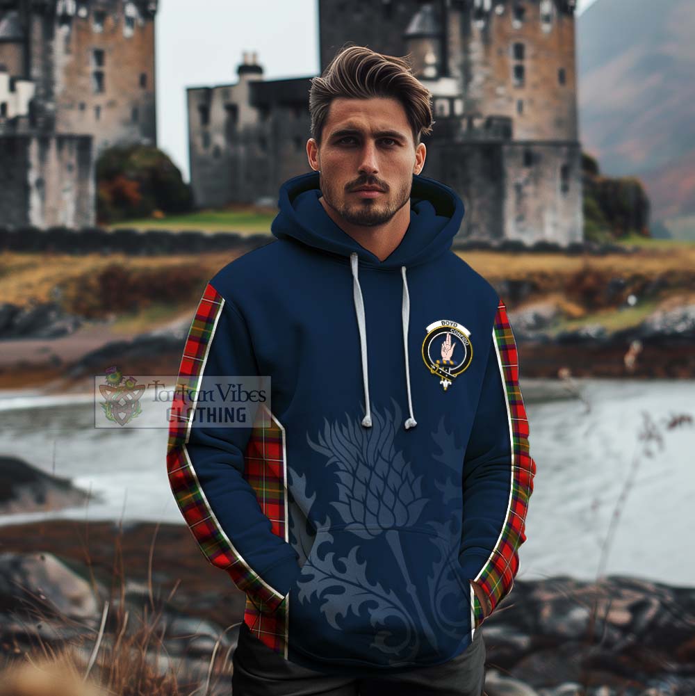 Tartan Vibes Clothing Boyd Tartan Cotton Hoodie with Family Crest and Scottish Thistle Vibes Sport Style