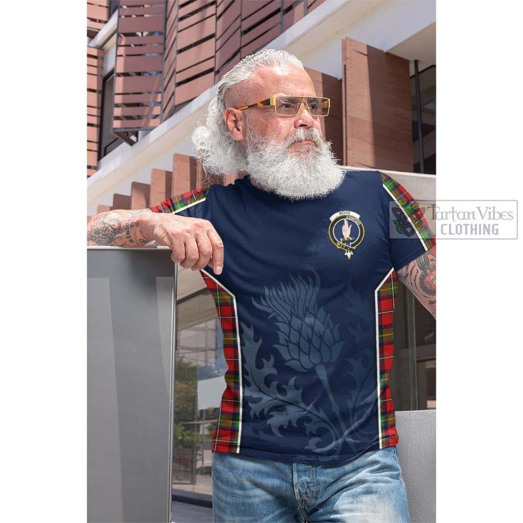 Tartan Vibes Clothing Boyd Modern Tartan Cotton T-shirt with Family Crest and Scottish Thistle Vibes Sport Style