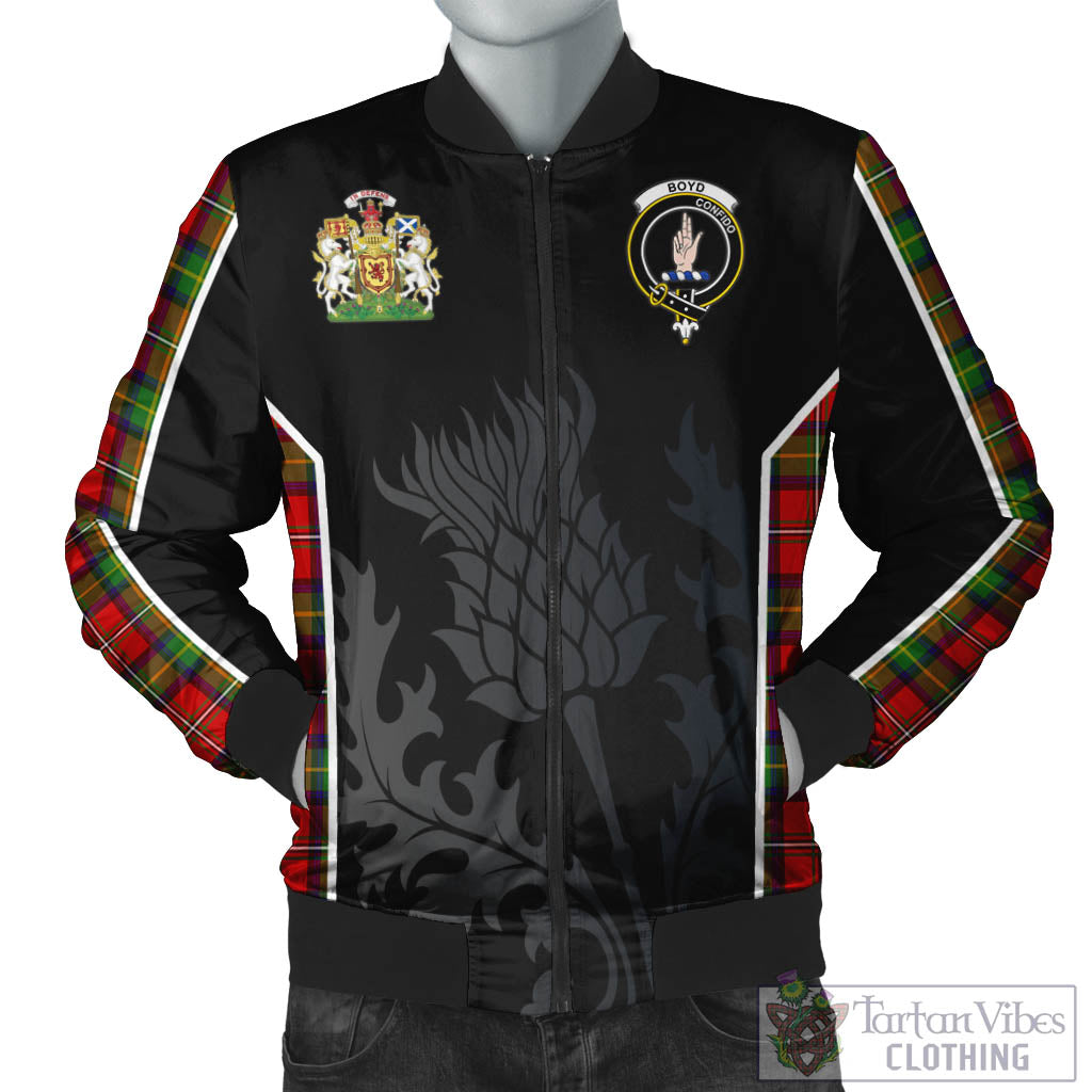 Tartan Vibes Clothing Boyd Modern Tartan Bomber Jacket with Family Crest and Scottish Thistle Vibes Sport Style