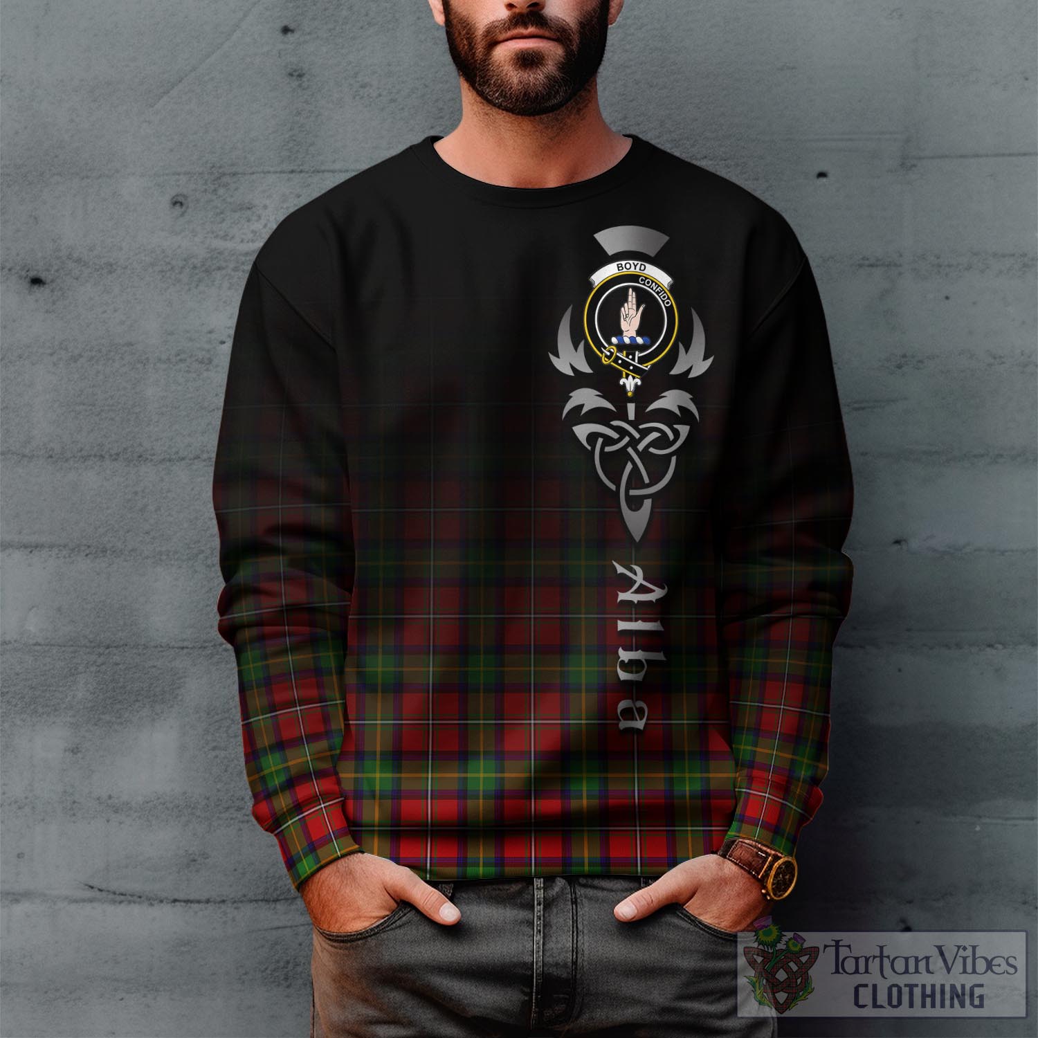 Tartan Vibes Clothing Boyd Modern Tartan Sweatshirt Featuring Alba Gu Brath Family Crest Celtic Inspired