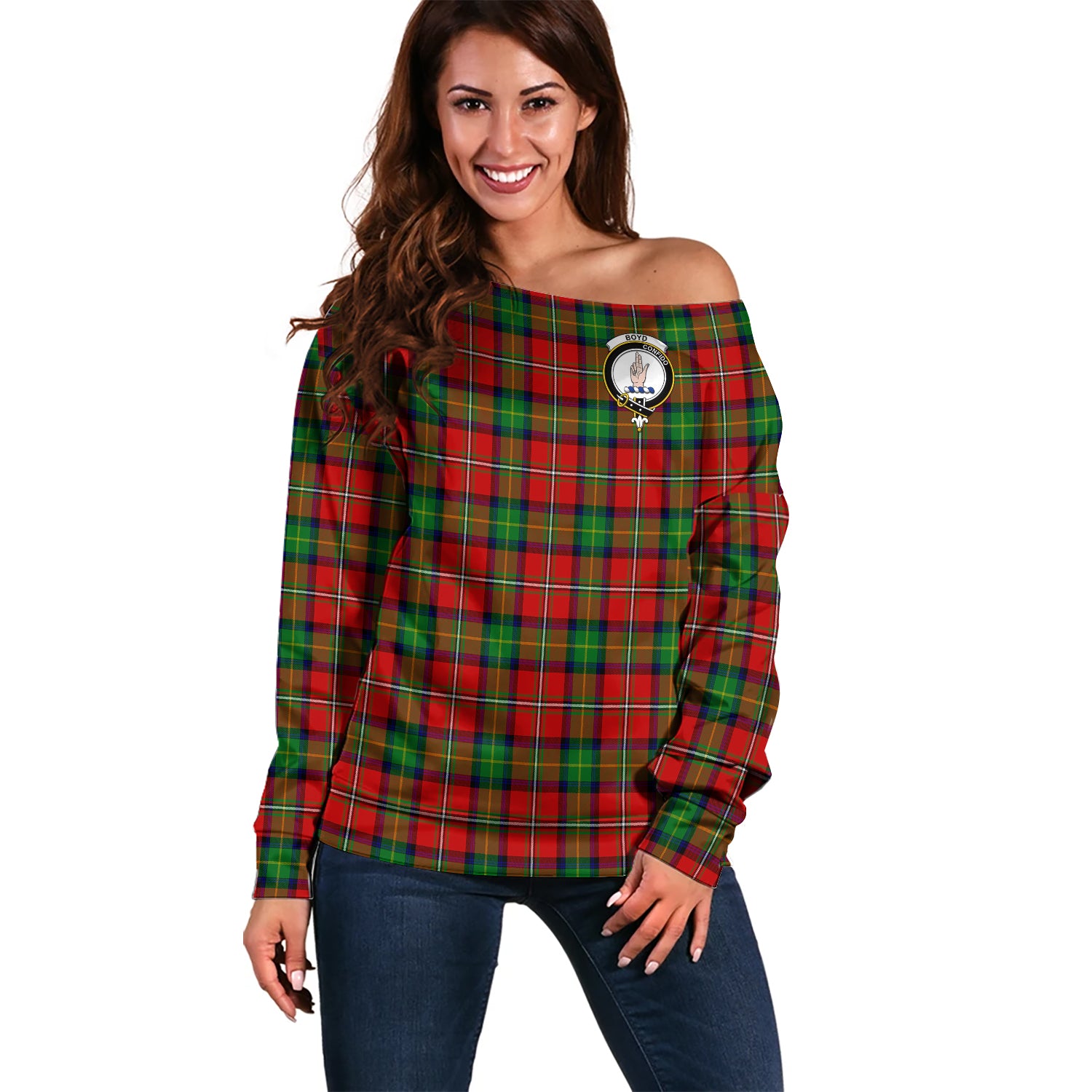 Boyd Modern Tartan Off Shoulder Women Sweater with Family Crest Women - Tartanvibesclothing