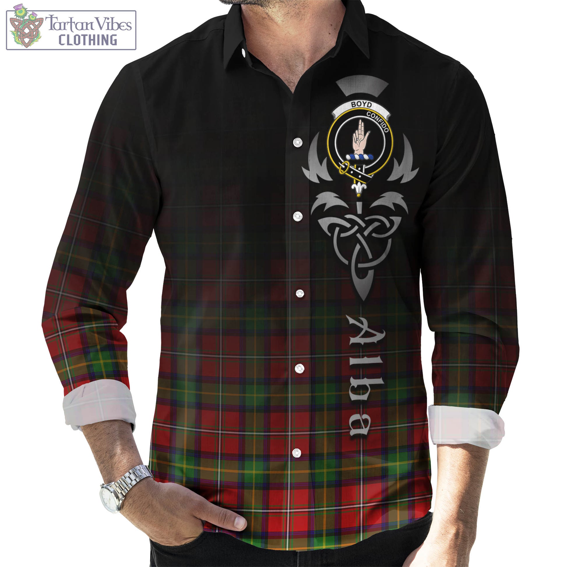 Tartan Vibes Clothing Boyd Modern Tartan Long Sleeve Button Up Featuring Alba Gu Brath Family Crest Celtic Inspired