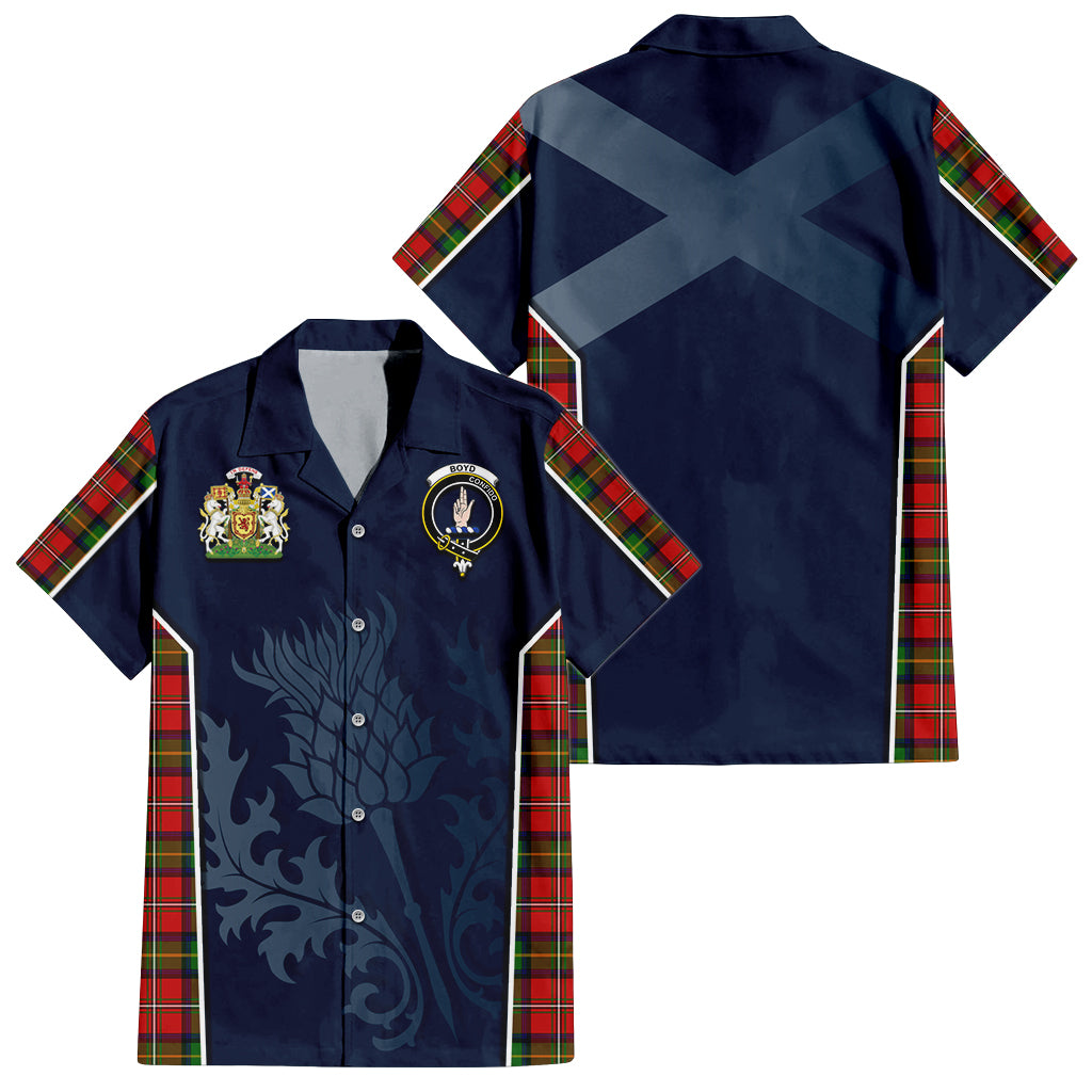 Tartan Vibes Clothing Boyd Modern Tartan Short Sleeve Button Up Shirt with Family Crest and Scottish Thistle Vibes Sport Style